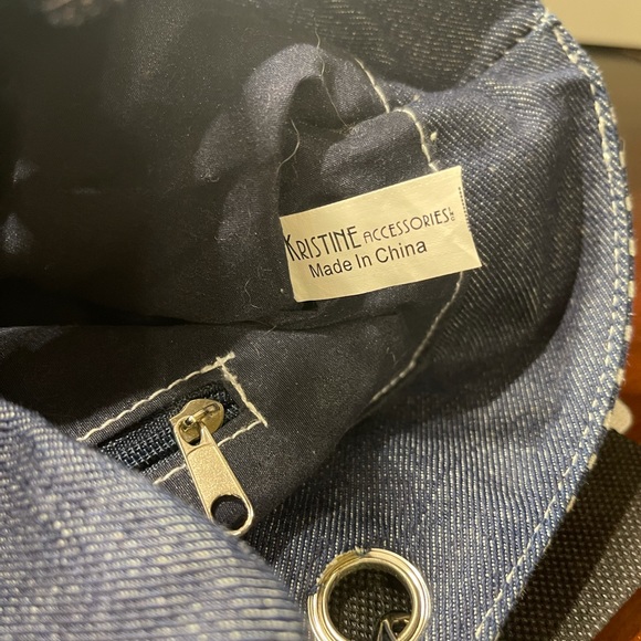 Blue Denim Tote Purse Bag Patchwork Flower Accent Silver Cross - Picture 3 of 7